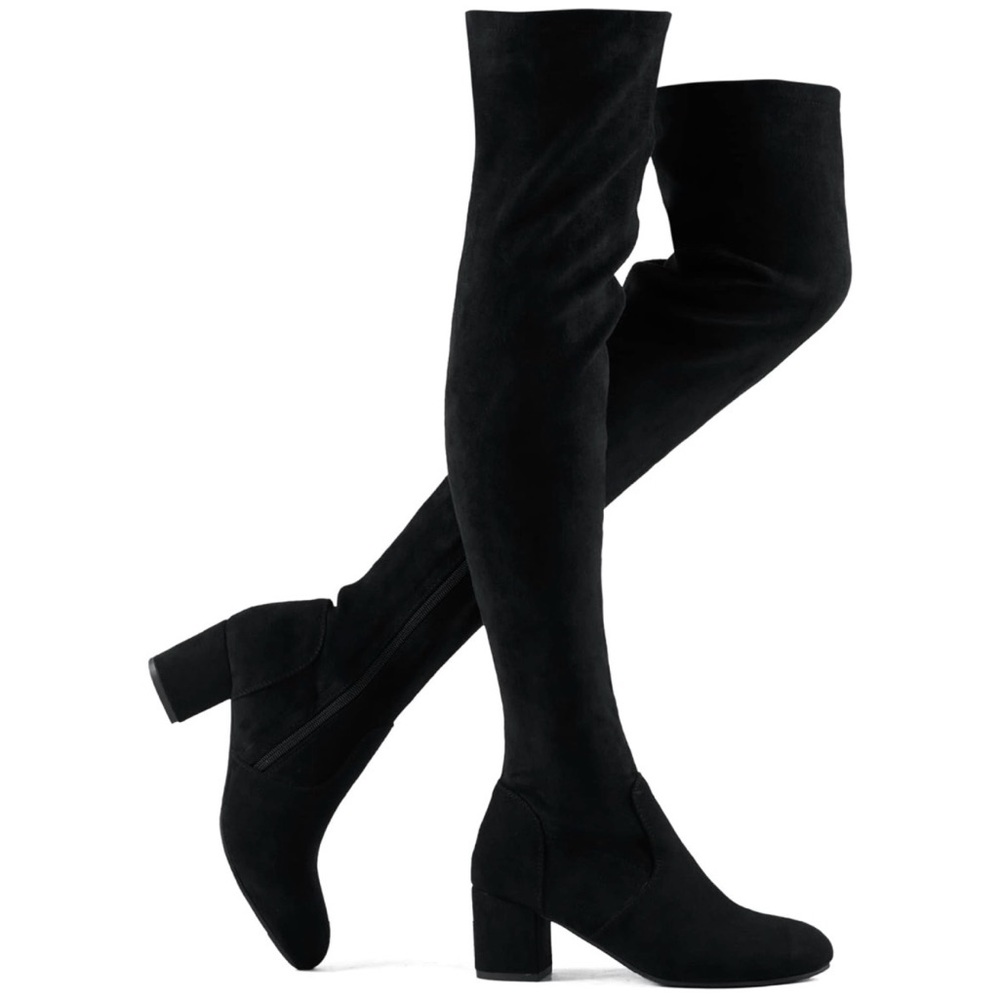 Over-the-Knee Black Suede Block Heel Boots - Women